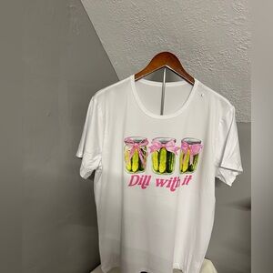 White T-Shirt with Pickle Jar Graphic “Dill With It” L